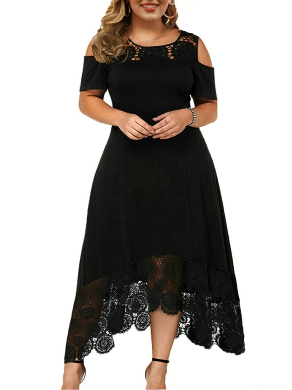 Cold-Shoulder Black Lace Hem Maxi Dress